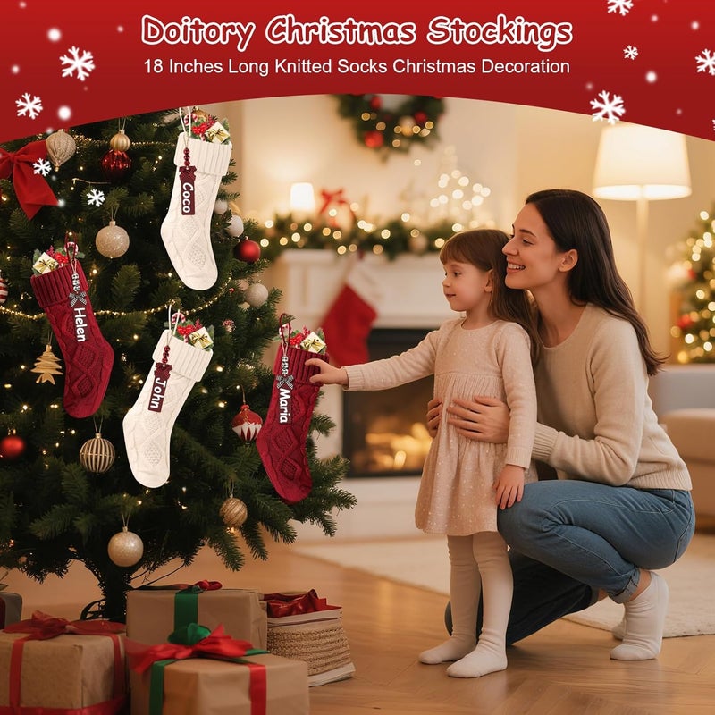 Doitory Store Christmas Stockings 18 Inches,Long Knitted Stocking with Name Tags, Christmas Decoration Hanging Stockings Fireplace Xmas Tree Ornaments for Home Family - Image 2